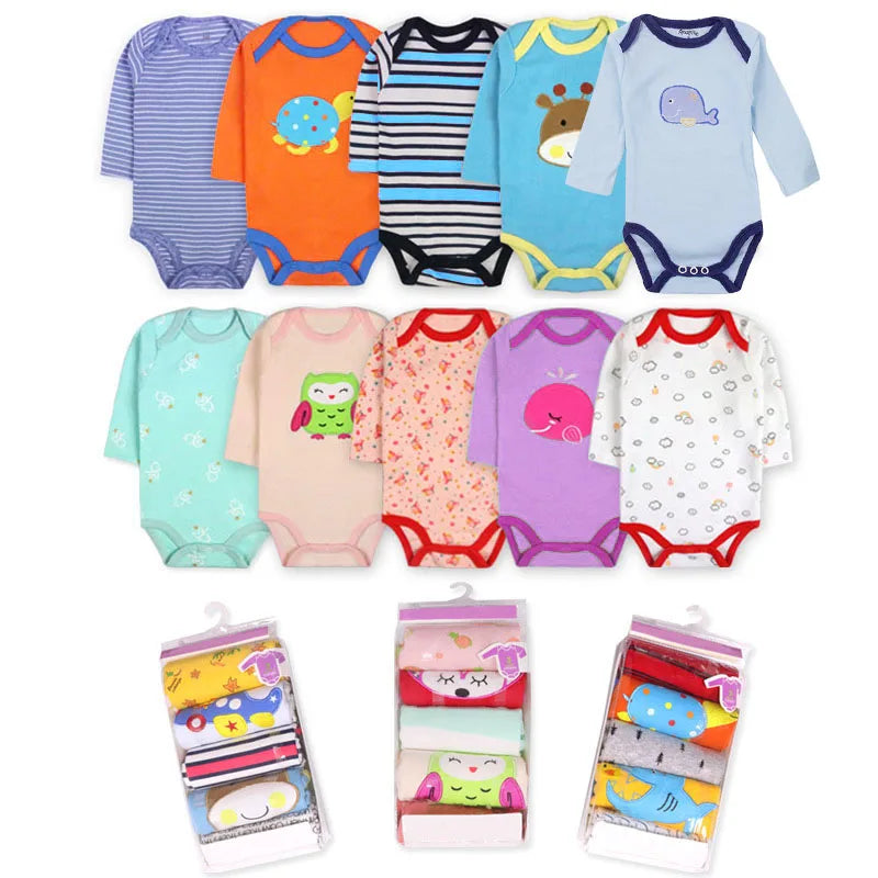 5Pcs Baby Bodysuits 3M-24M Winggle-in Cotton Infant Long Sleeve Bodysuit