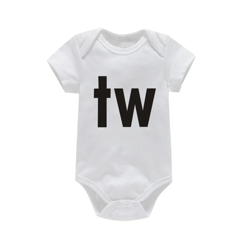 Tw And In Letter Print Newborn Infant Bodysuit Unisex Black 0 To 24M Twins Romper Jumpsuit Outfit Hipster Baby Clothes
