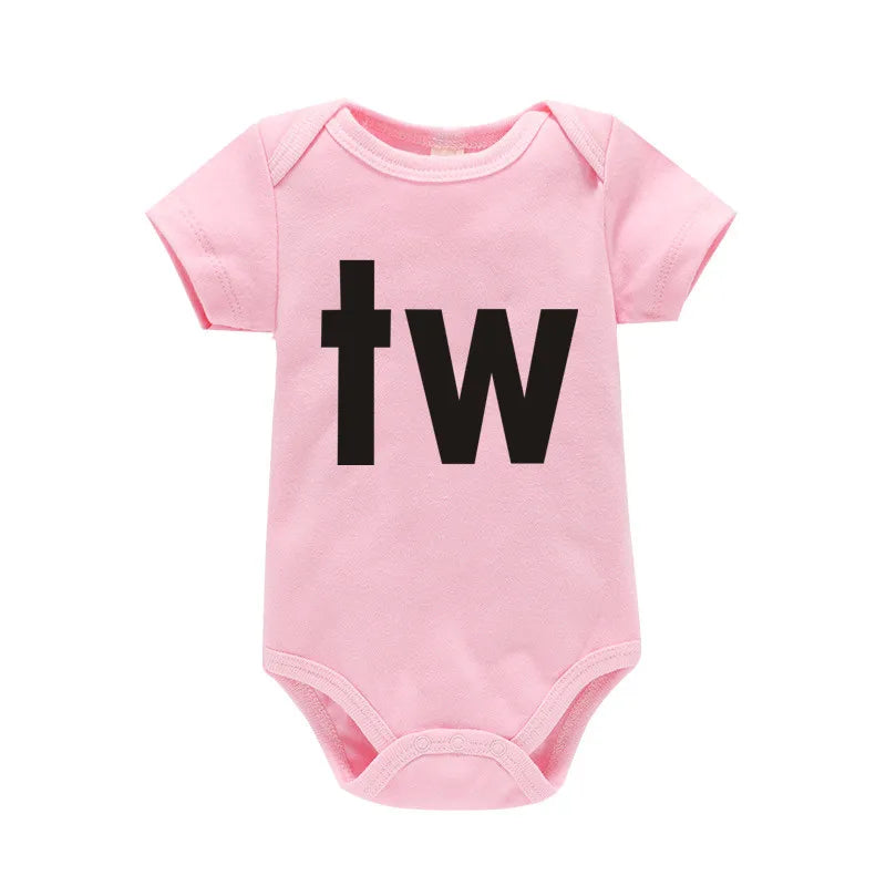 Tw And In Letter Print Newborn Infant Bodysuit Unisex Black 0 To 24M Twins Romper Jumpsuit Outfit Hipster Baby Clothes