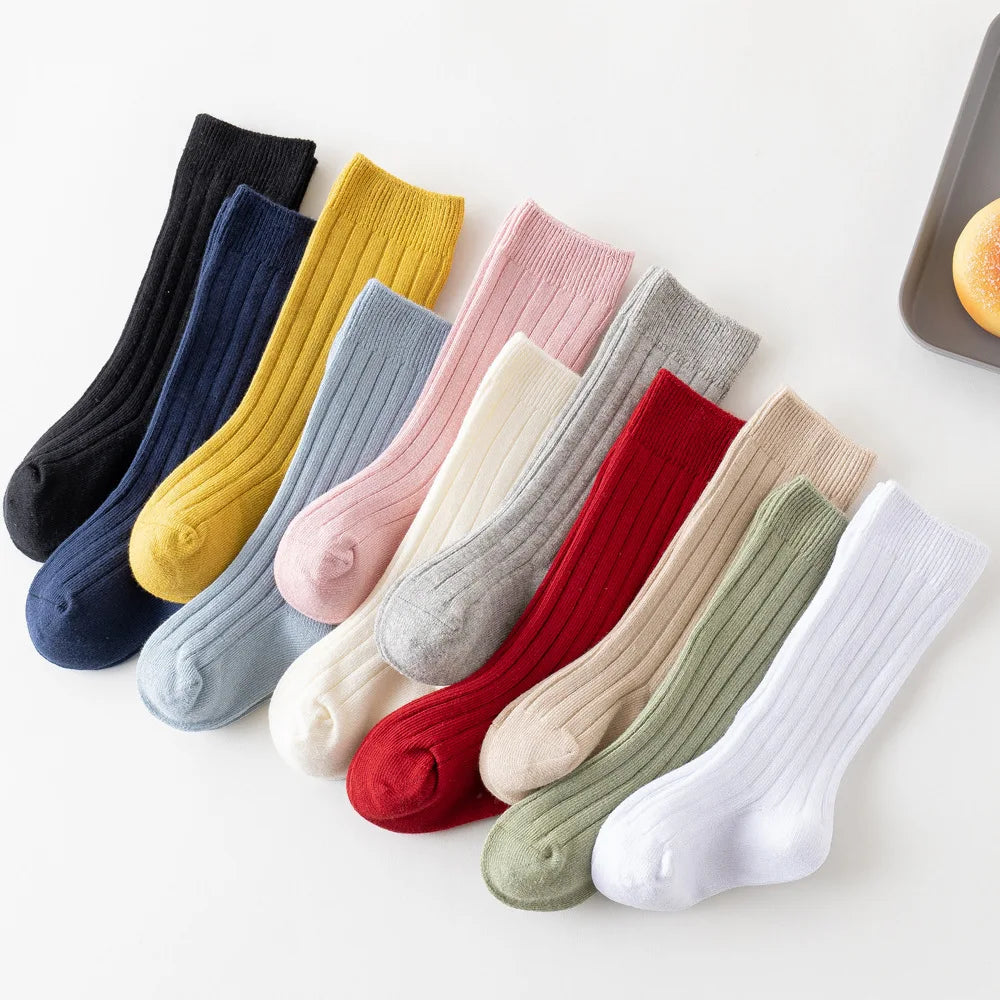Baby Cotton Knee-High Socks – Solid & Stripe, 0–3 Years