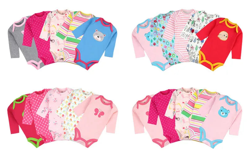 5Pcs Baby Bodysuits 3M-24M Winggle-in Cotton Infant Long Sleeve Bodysuit