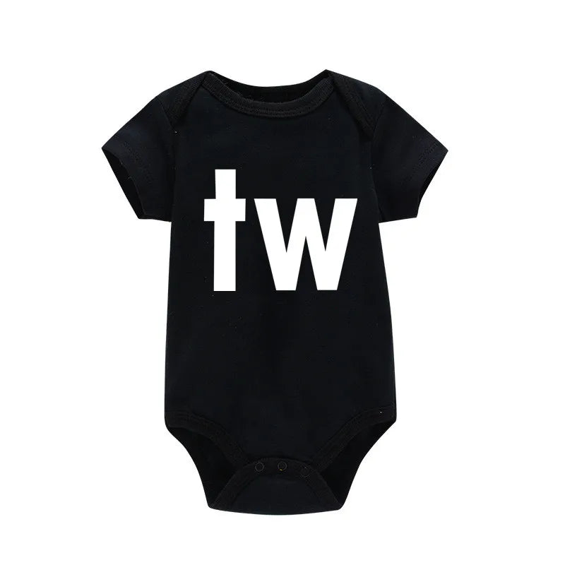 Tw And In Letter Print Newborn Infant Bodysuit Unisex Black 0 To 24M Twins Romper Jumpsuit Outfit Hipster Baby Clothes