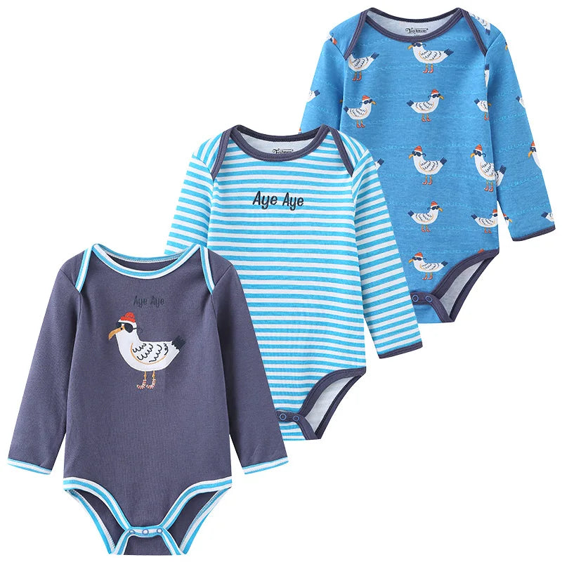 Kiddiezoom Three Piece Newborn Cartoon Long Sleeve 100 Percent Cotton Baby Bodysuits Unisex Soft Infant Onesies
