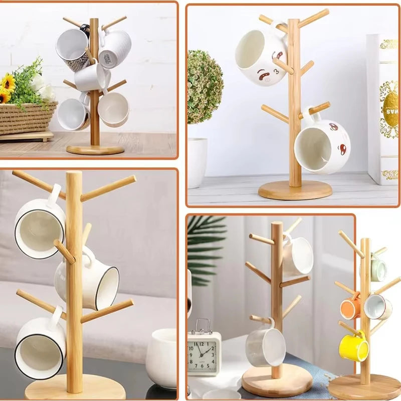 Mug Tree Holder Bamboo Natural Six-Hook Space-Saving Desk Organizer