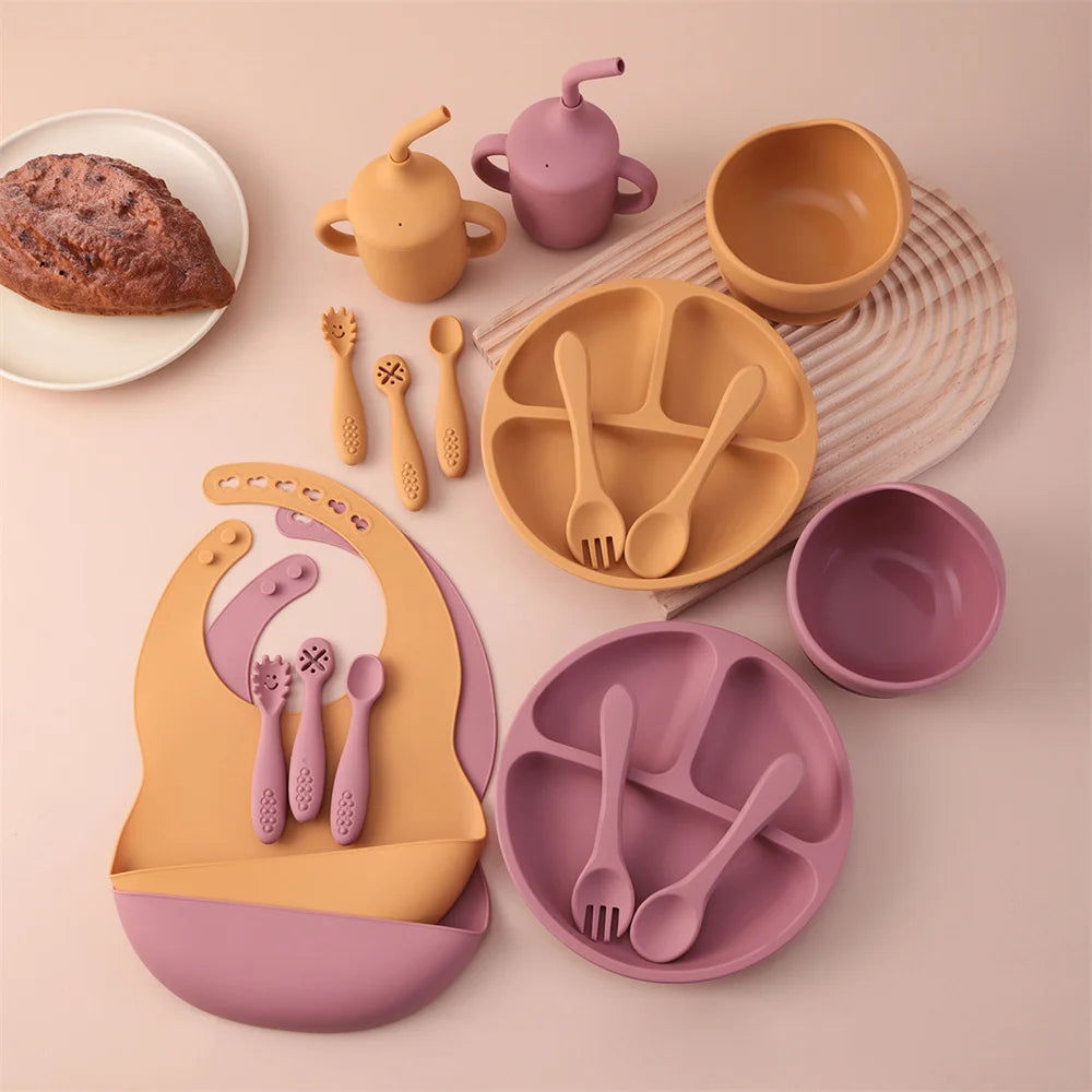 Baby Feeding Set Silicone 9-Piece Bowl Plate Bib Cup Utensils