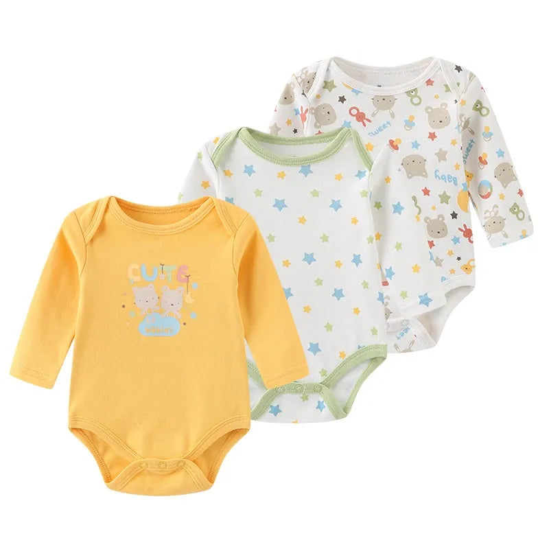 Kiddiezoom Three Piece Newborn Cartoon Long Sleeve 100 Percent Cotton Baby Bodysuits Unisex Soft Infant Onesies