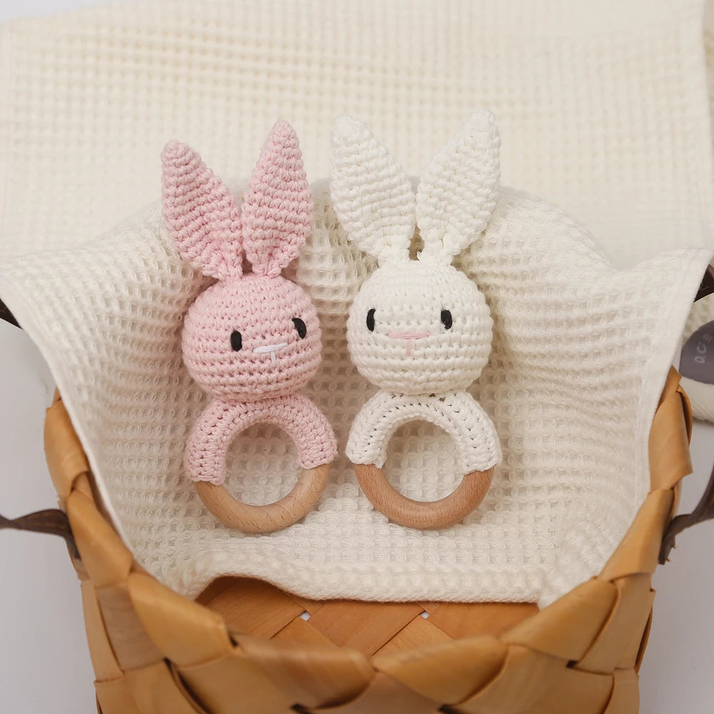 Crochet Baby Toys Wooden Easter Handmade Bunny Rattle Toys 0 12 Months,Four Color Rabbit Rattle Soft,New born Baby Teething Toys