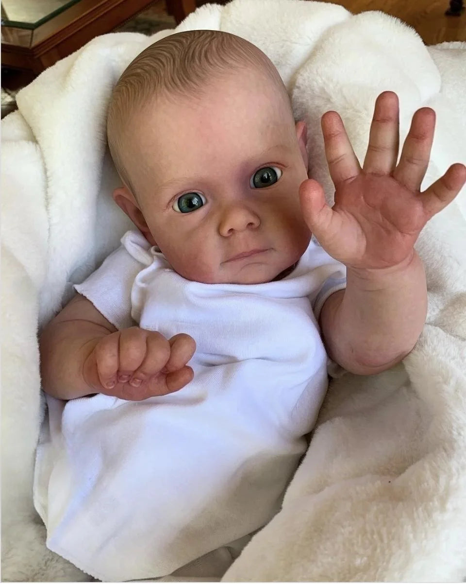 Reborn Doll Vinyl Cloth Body Open Blue Eyes Handmade Rooted Hair