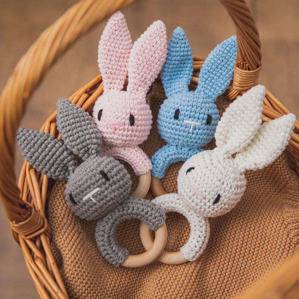 Crochet Baby Toys Wooden Easter Handmade Bunny Rattle Toys 0 12 Months,Four Color Rabbit Rattle Soft,New born Baby Teething Toys