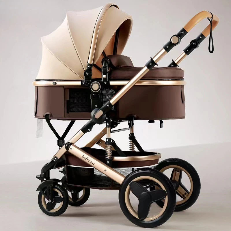Foldable Baby Stroller With Shock Absorbing Suspension And Lie Flat Newborn Seat Two Way Handle High Landscape View