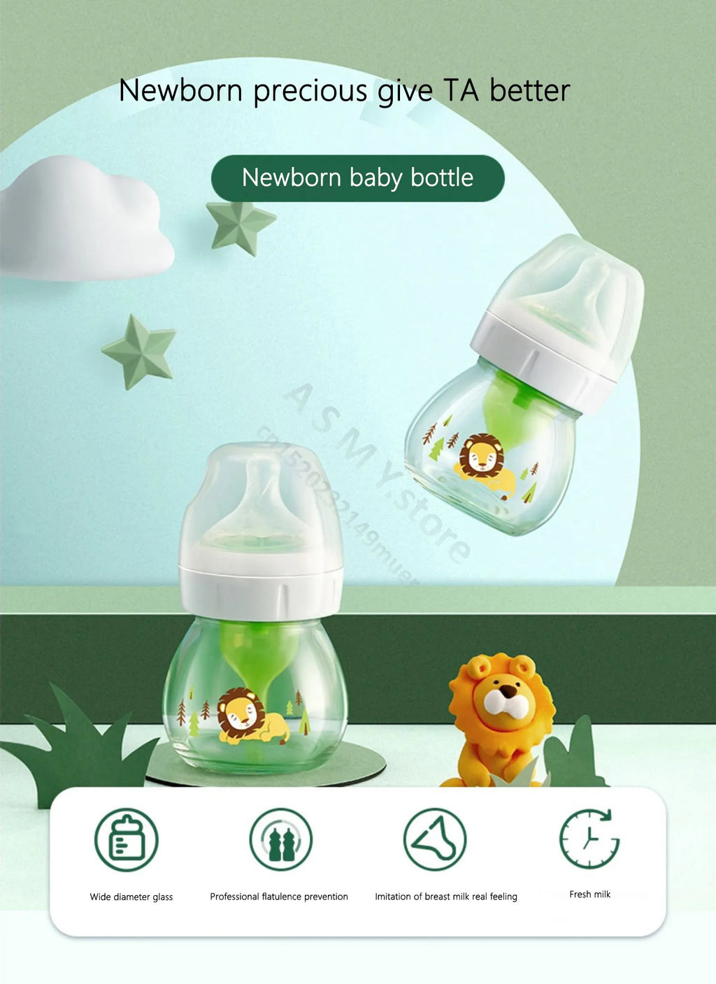 Dr. Brown's newborn wide-bore glass bottle, preemie silicone teat, 60ML for babies 0 to 3 months/Anti-colic glass baby bottle