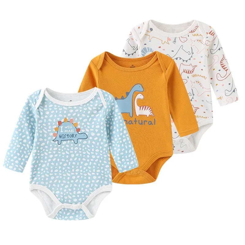 Kiddiezoom Three Piece Newborn Cartoon Long Sleeve 100 Percent Cotton Baby Bodysuits Unisex Soft Infant Onesies