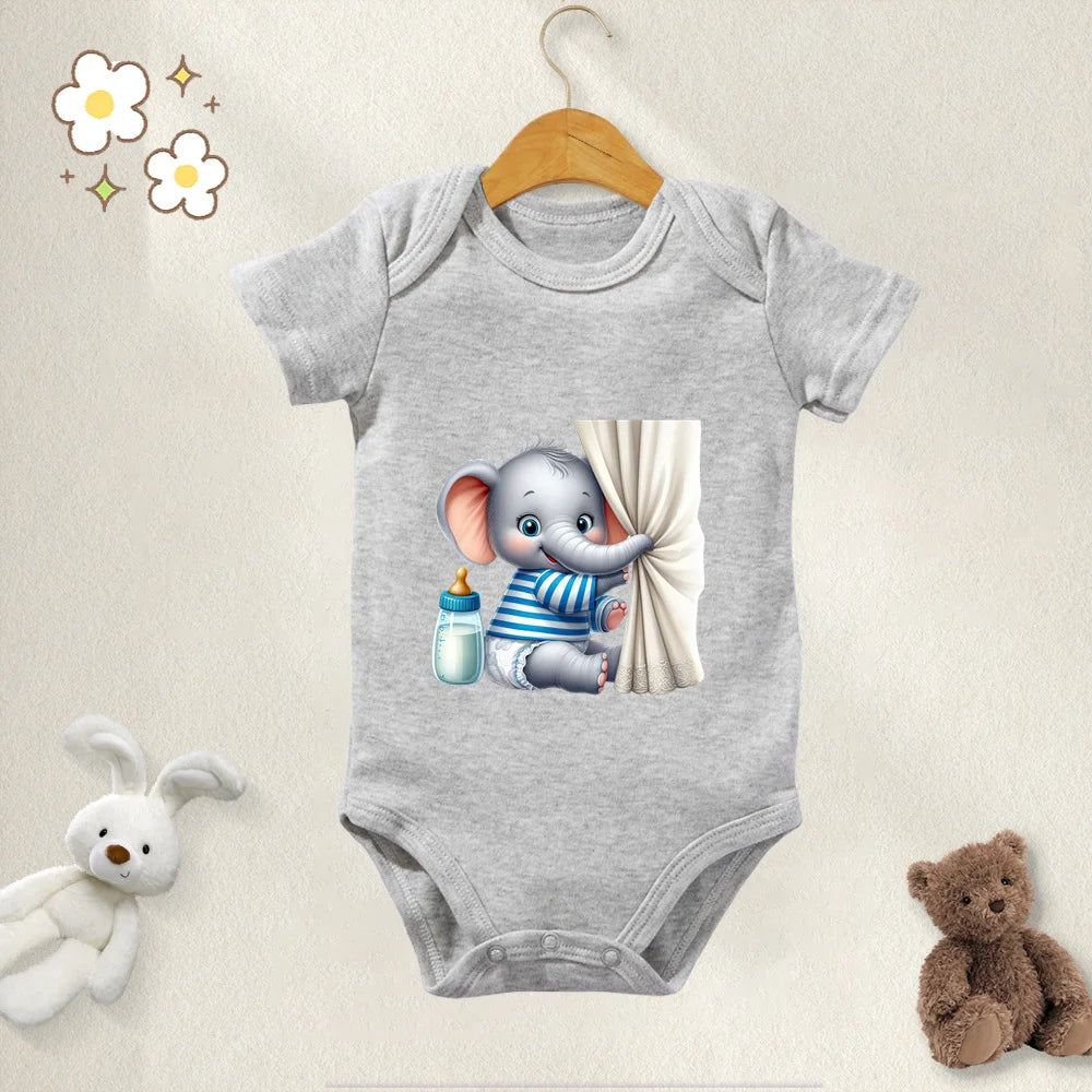 Unisex Baby Bodysuit Cute Elephant Print 100 Percent Cotton Short Sleeve Onesie Romper for 0 To 12 Months