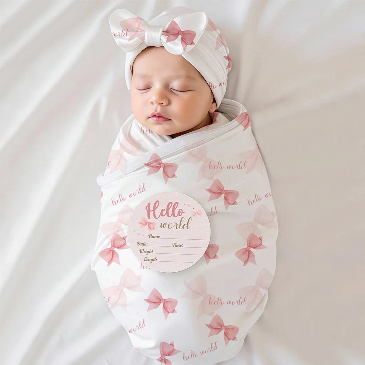 Newborn Baby Girl Swaddle Wrap Set Hello Bow Print Cotton Blanket + Bow Hat + Birth Announcement Card Infant Photoshoot Props