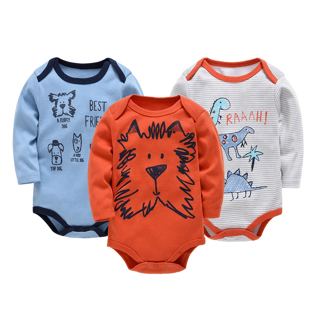 Three Pack 100 Percent Cotton Baby Bodysuits Long Sleeve Rompers Unisex Cute Prints Set for 0 to 24 Months