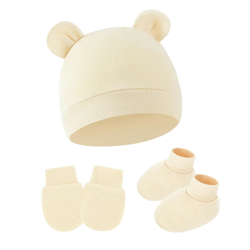 3Pcs Newborn Hat Set Cotton Bear Baby Beanie Hat Gloves Socks Suit Candy Color Infant Bonnet Toddler Cap Newborn Gift 0-6M
