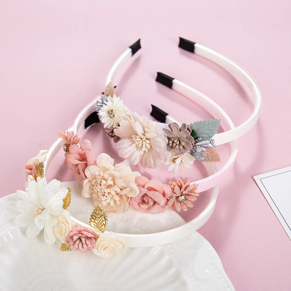 Artificial Flower Baby Hair Bands Fake Flroal Rhinstone Ins Fashion Hair Hoop Princess Girls Accessories Silk Rose Kids Headwear