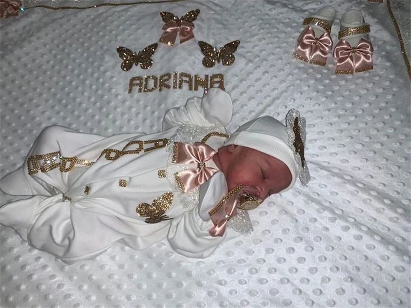 Dollbling 5pcs Newborn Welcome Home Outfits Cotton Infant Baby Nest Luxury Bedding Personalized Embroidery Blanket Set