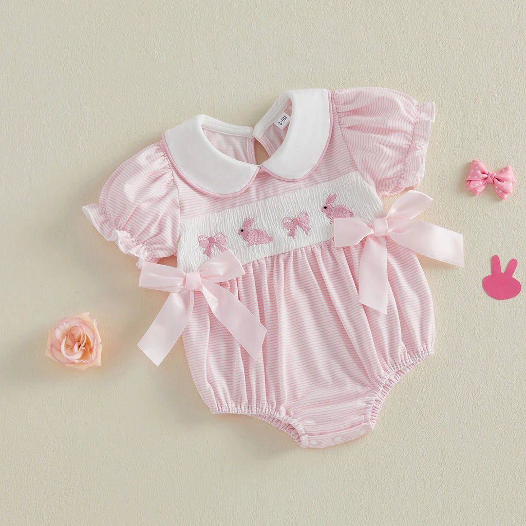 Baby Girl Easter Outfit  Bunny Embroidery Doll Collar Bubble Short Sleeve Jumpsuit Romper Cute Easter Clothes