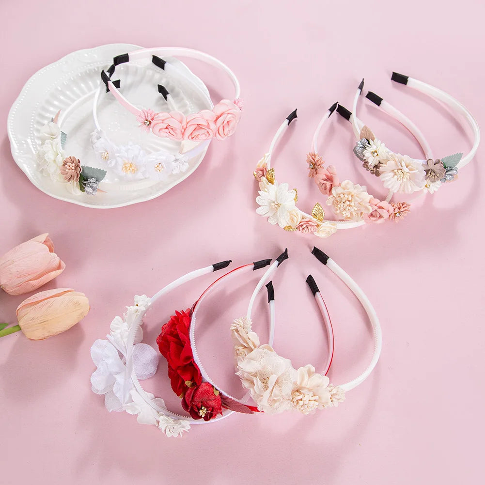 Artificial Flower Baby Hair Bands Fake Flroal Rhinstone Ins Fashion Hair Hoop Princess Girls Accessories Silk Rose Kids Headwear