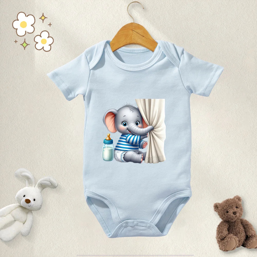 Unisex Baby Bodysuit Cute Elephant Print 100 Percent Cotton Short Sleeve Onesie Romper for 0 To 12 Months
