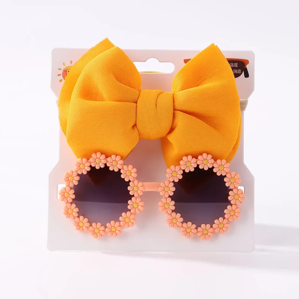 2Pcs Kids Sunglasses Headband Set Daisy Flower Round Toddler Bohemia Beach Seaside Sun Protection Eyewear Kids Hair Accessories