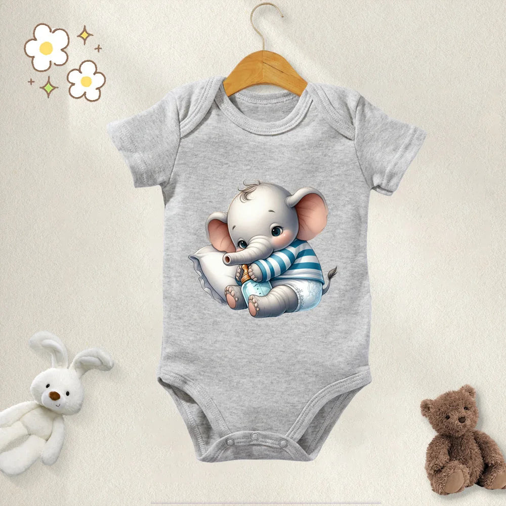Unisex Baby Bodysuit Cute Elephant Print 100 Percent Cotton Short Sleeve Onesie Romper for 0 To 12 Months