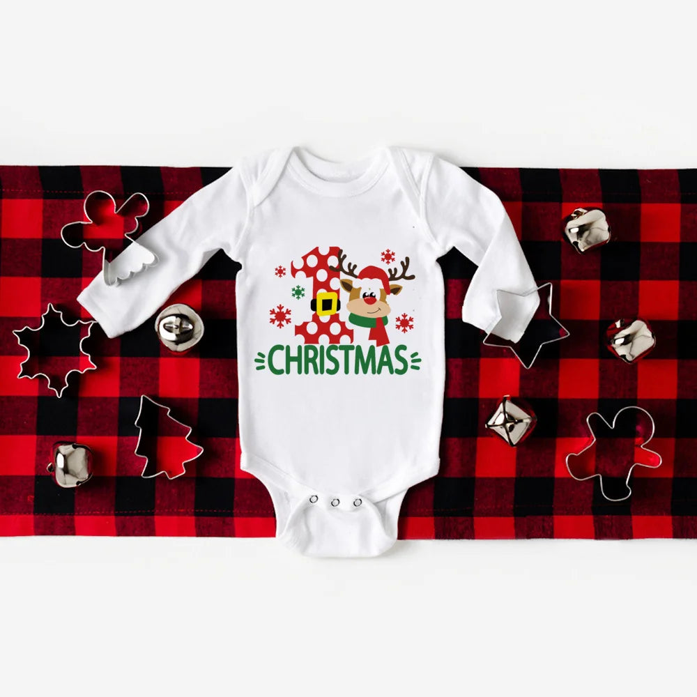 Your First Christmas Baby Long Sleeve Romper With Deer Print Unisex 0 To 24M Cozy Gift