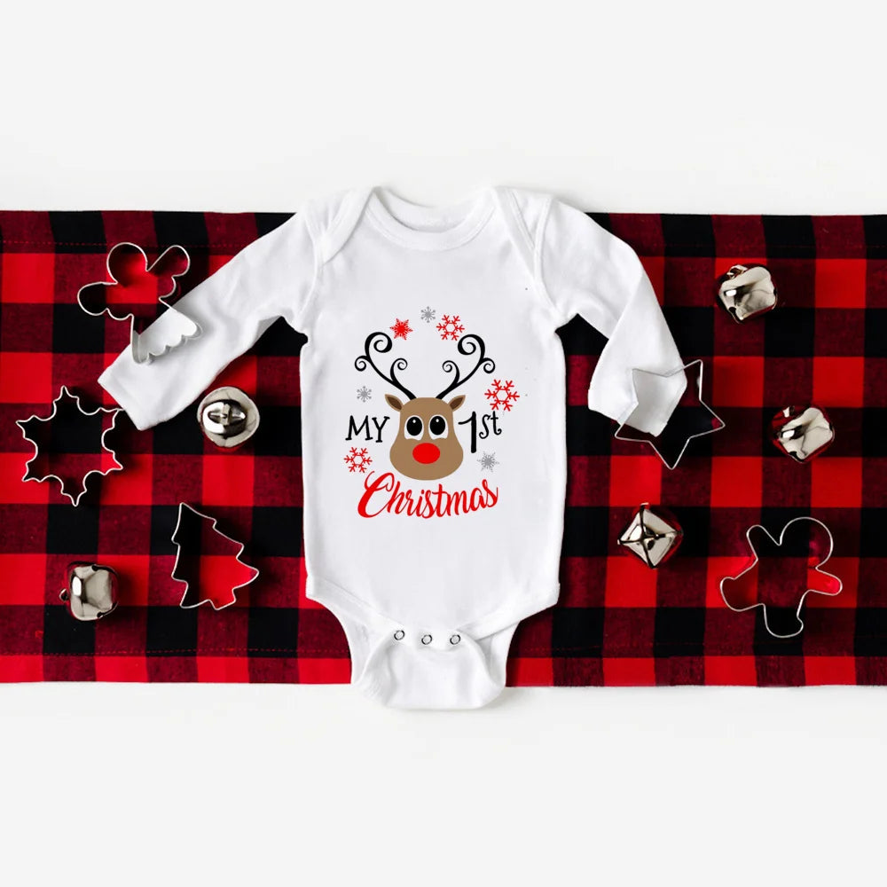 Your First Christmas Baby Long Sleeve Romper With Deer Print Unisex 0 To 24M Cozy Gift
