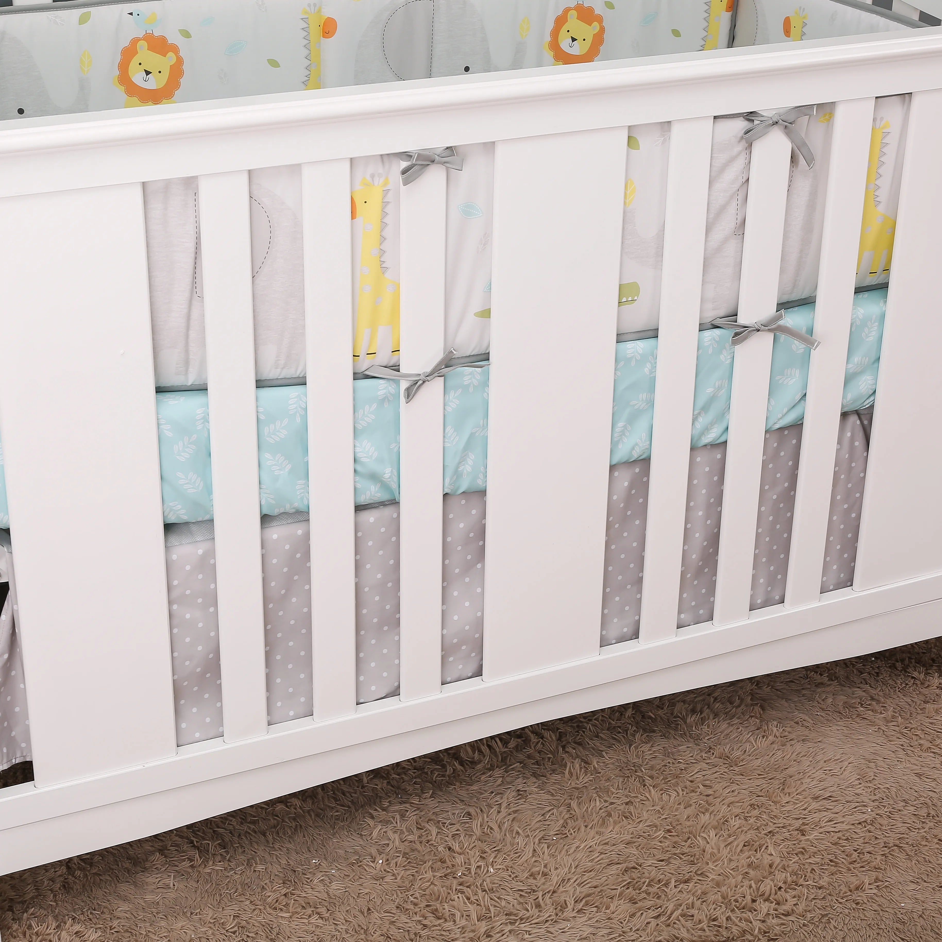 7Pcs jungle theme baby girl crib bedding set Baby Boy or Girl Unisex Cot Bedding Set (4Bumper Crib Sheet Comforter Crib Skirt)