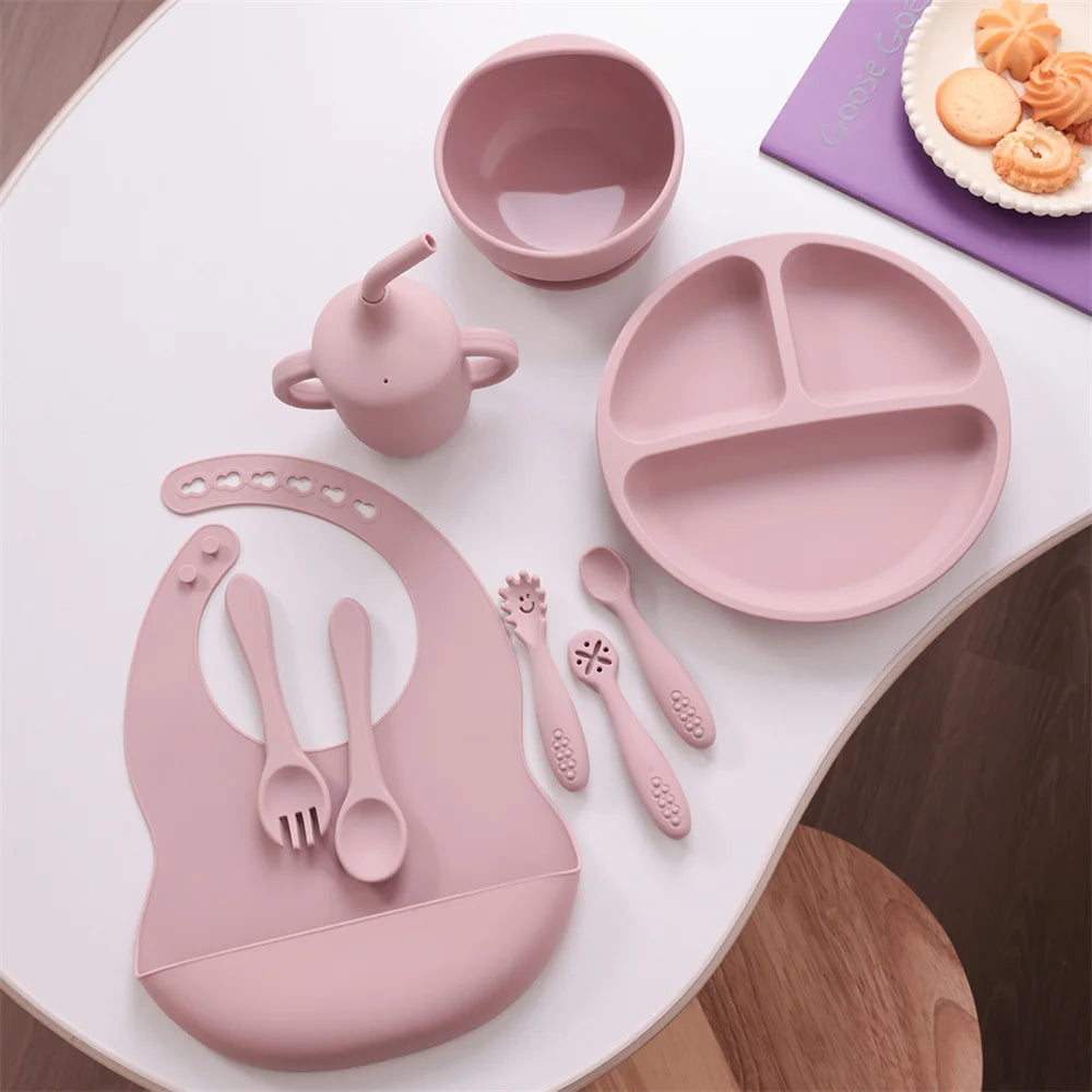 Baby Feeding Set Silicone 9-Piece Bowl Plate Bib Cup Utensils