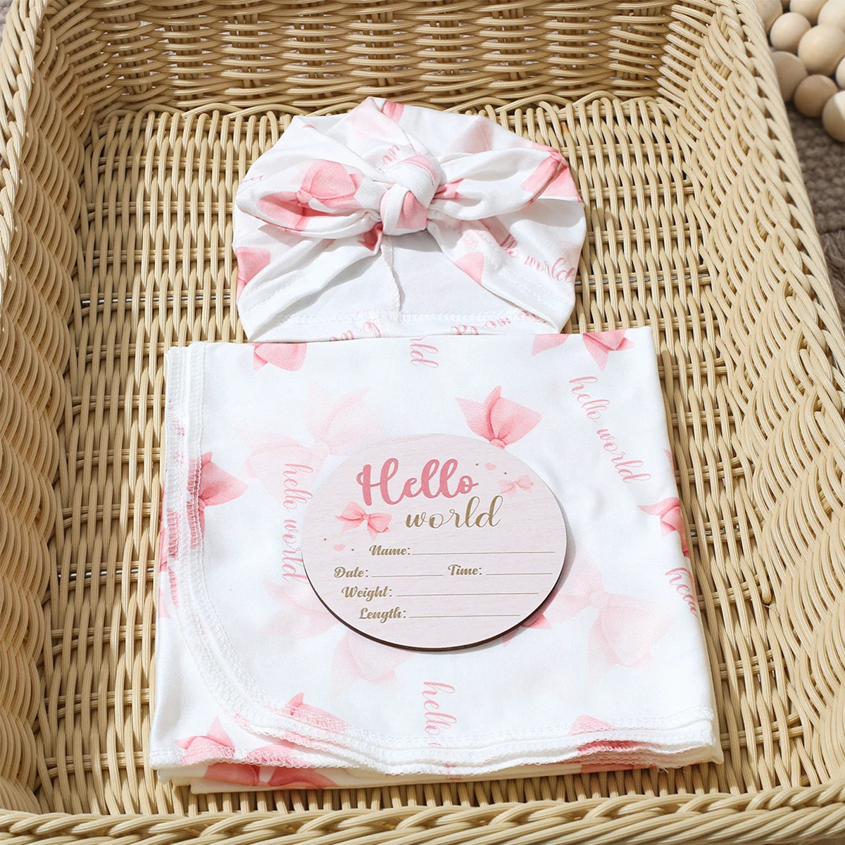 Newborn Baby Girl Swaddle Wrap Set Hello Bow Print Cotton Blanket + Bow Hat + Birth Announcement Card Infant Photoshoot Props