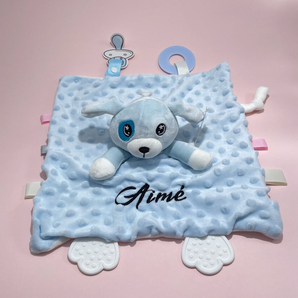 Personalized Newborn Baby Comforter Custom Minky Security Blanket with Teether Bunny Elephant Baby Shower Gift