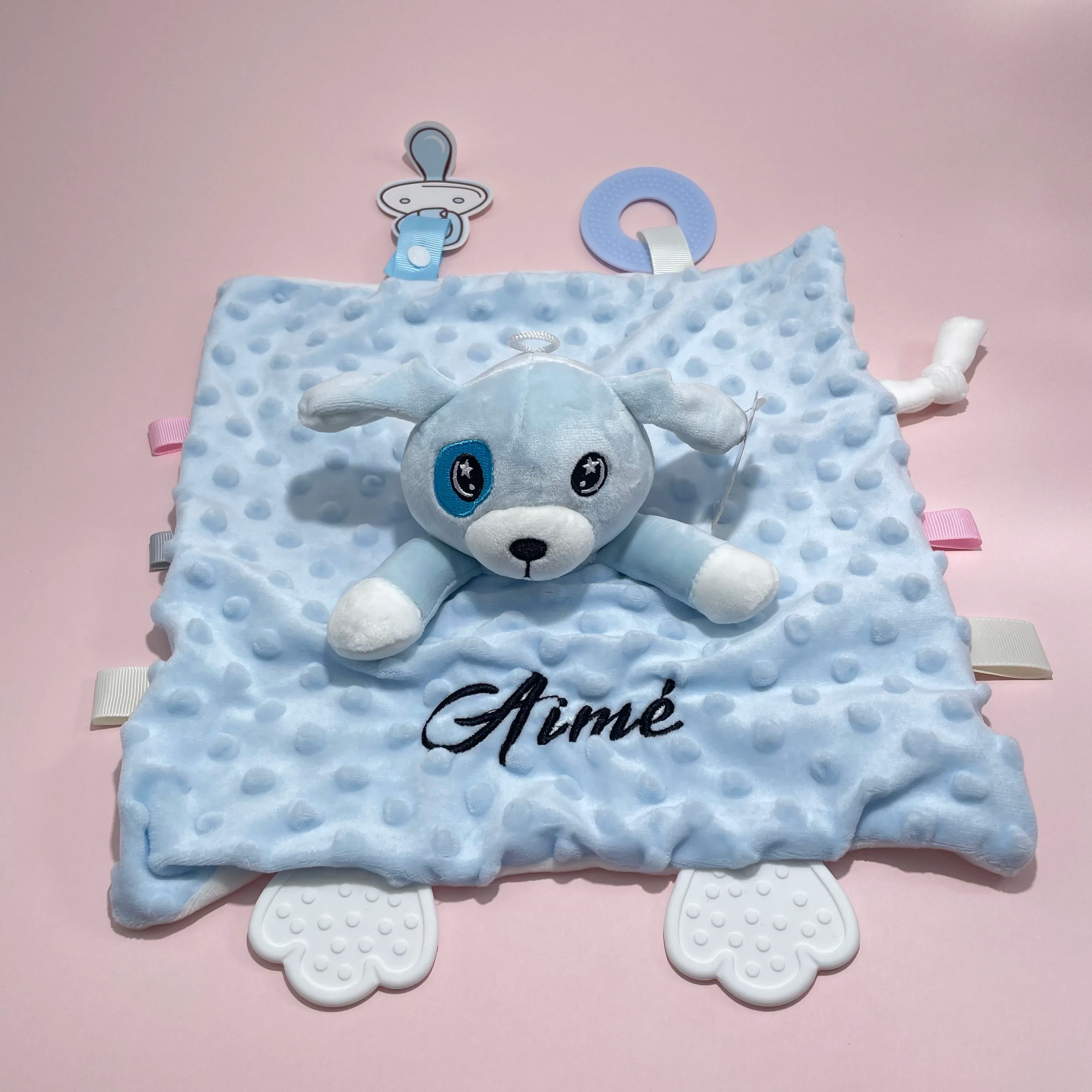 Personalized Newborn Baby Comforter Custom Minky Security Blanket with Teether Bunny Elephant Baby Shower Gift
