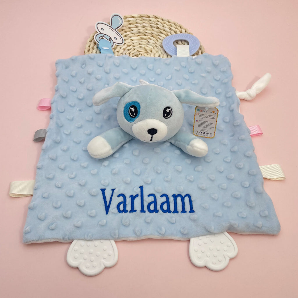 Personalized Newborn Baby Comforter Custom Minky Security Blanket with Teether Bunny Elephant Baby Shower Gift