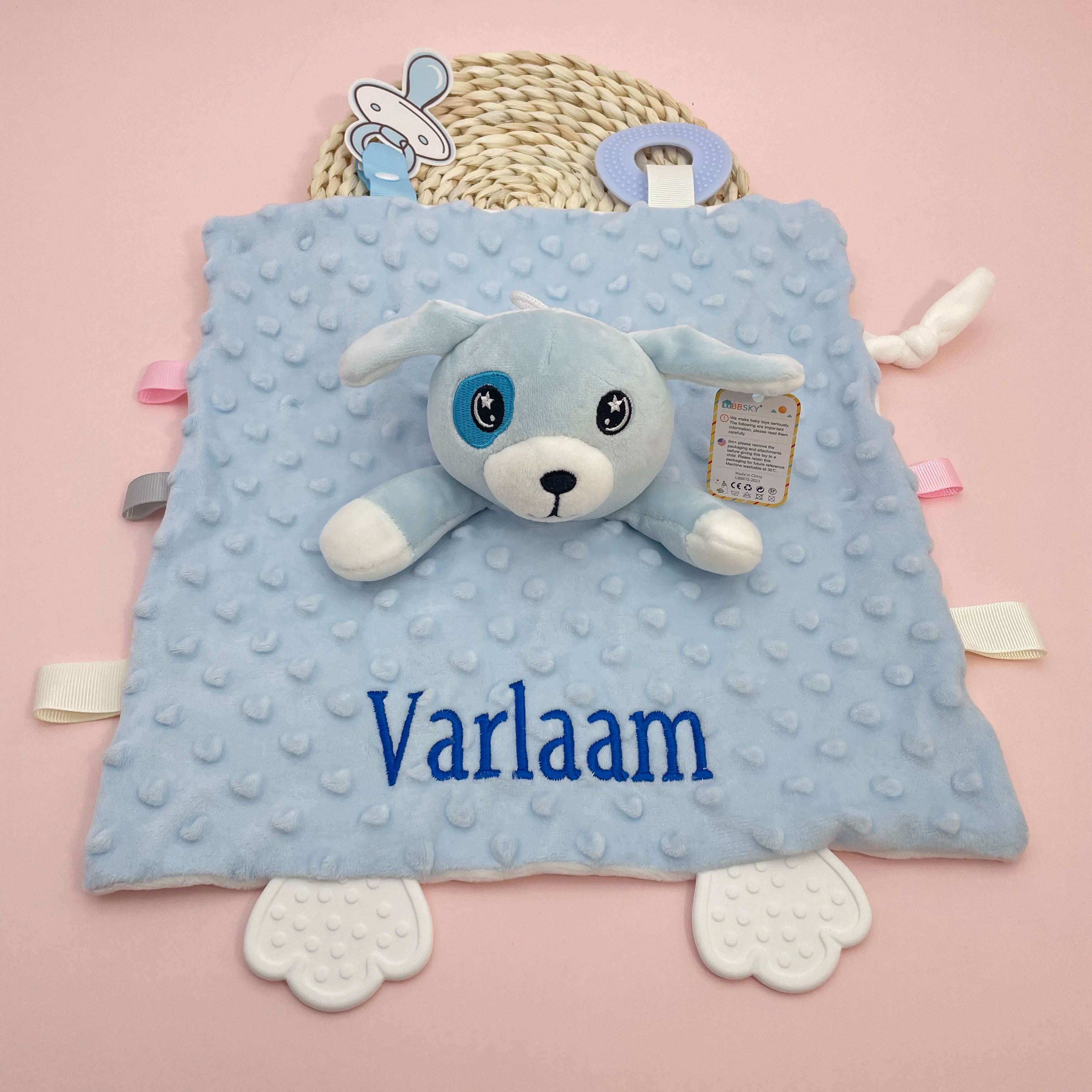 Personalized Newborn Baby Comforter Custom Minky Security Blanket with Teether Bunny Elephant Baby Shower Gift