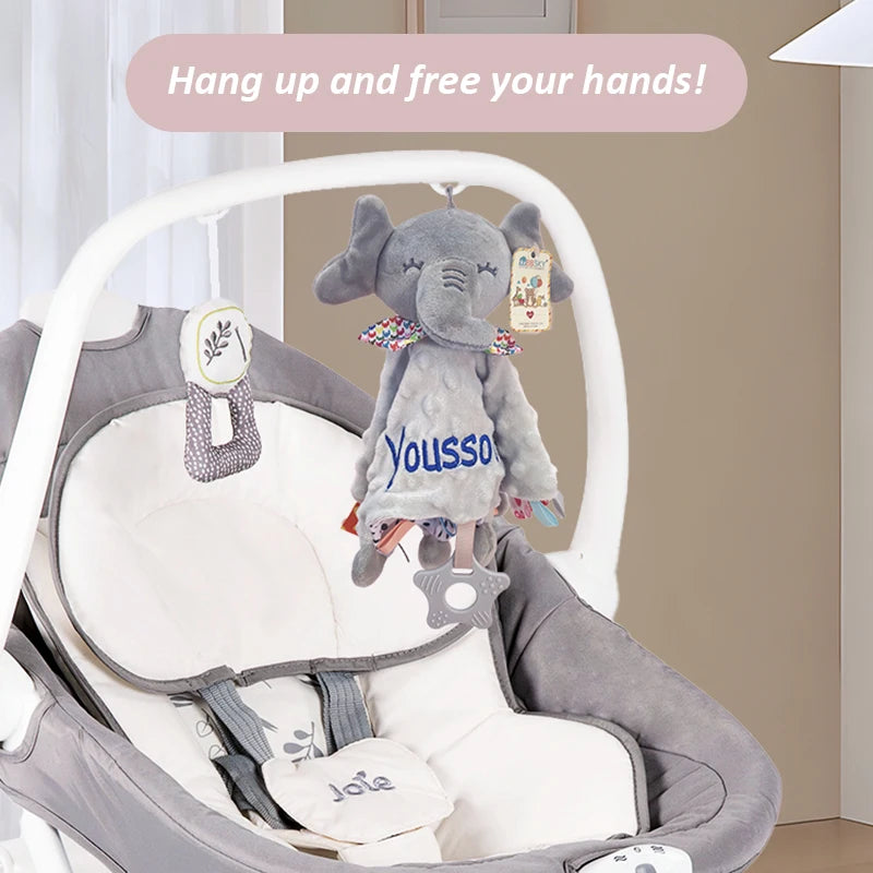 Personalized Newborn Baby Comforter Custom Minky Security Blanket with Teether Bunny Elephant Baby Shower Gift