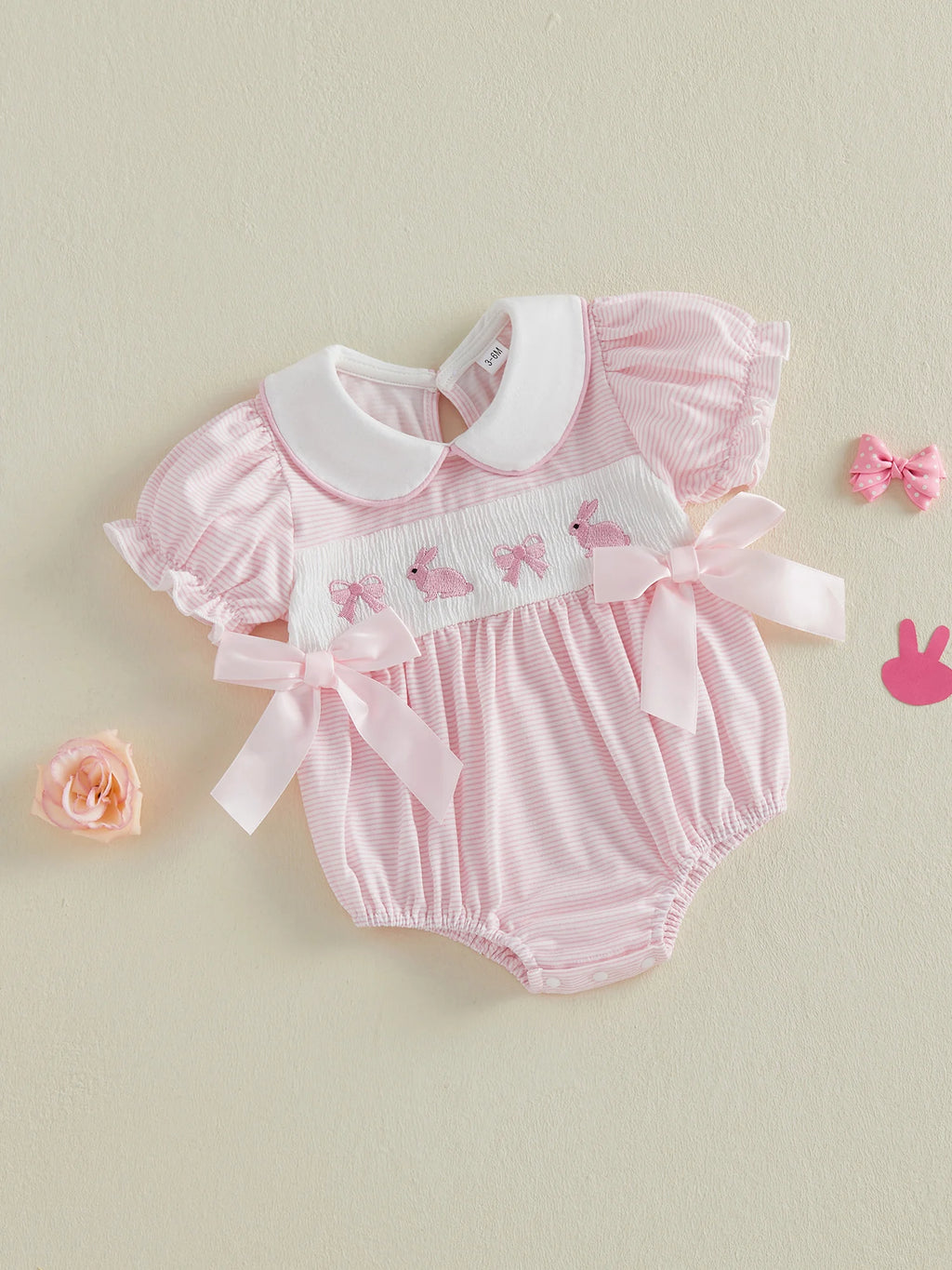 Baby Girl Easter Outfit  Bunny Embroidery Doll Collar Bubble Short Sleeve Jumpsuit Romper Cute Easter Clothes