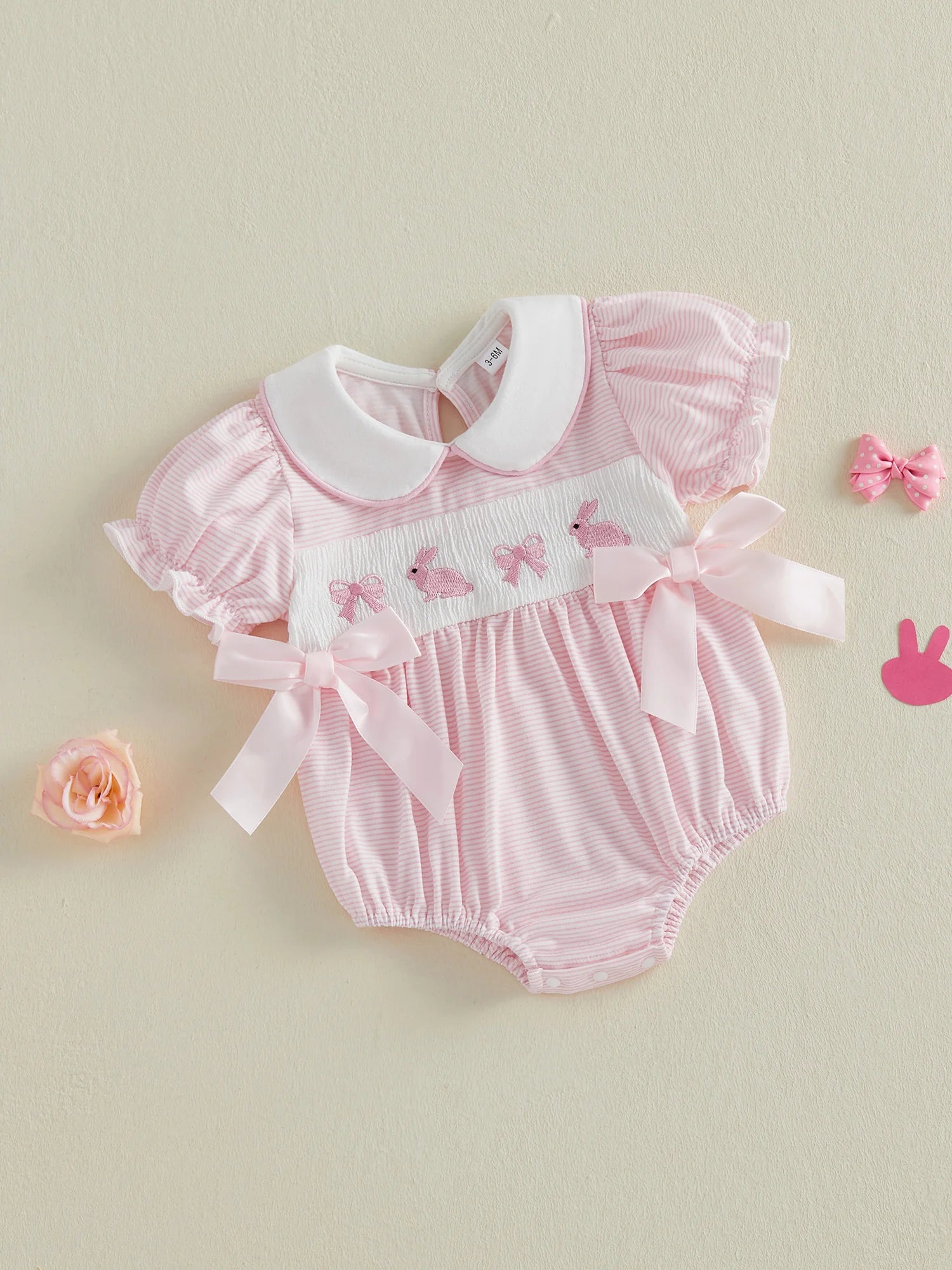 Baby Girl Easter Outfit  Bunny Embroidery Doll Collar Bubble Short Sleeve Jumpsuit Romper Cute Easter Clothes