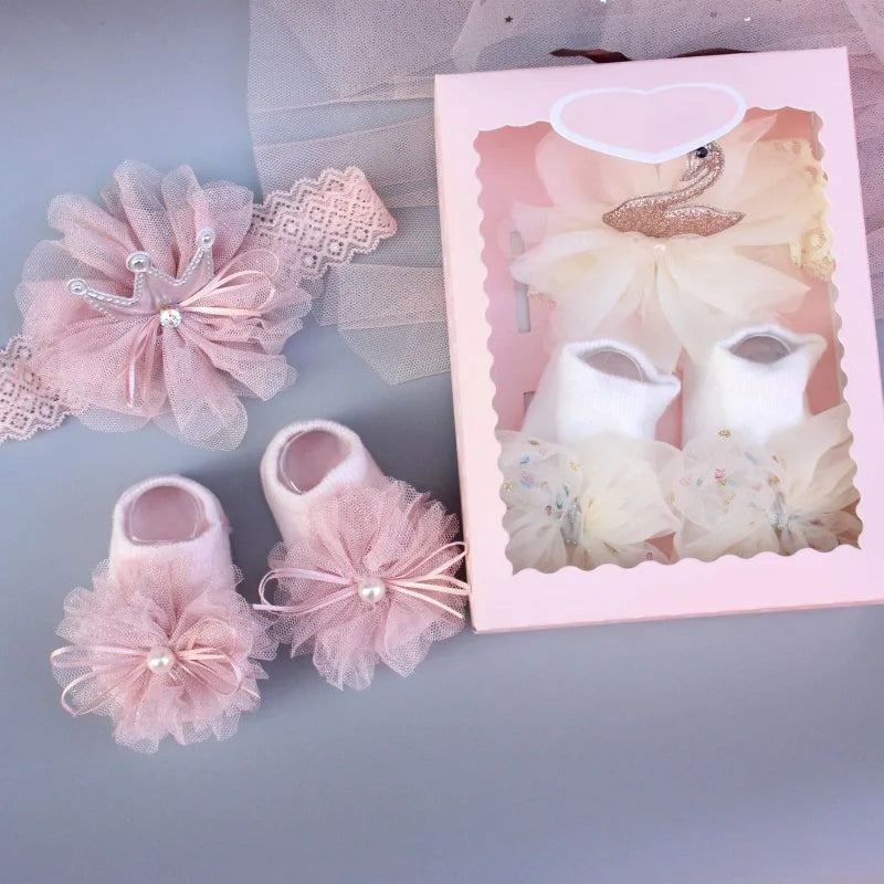 Princess Baby Headband Socks Set Mesh Flower Crown Toddler Hairbands Bow Infant Cotton Socks Newborn Photo Props Headwear Gift