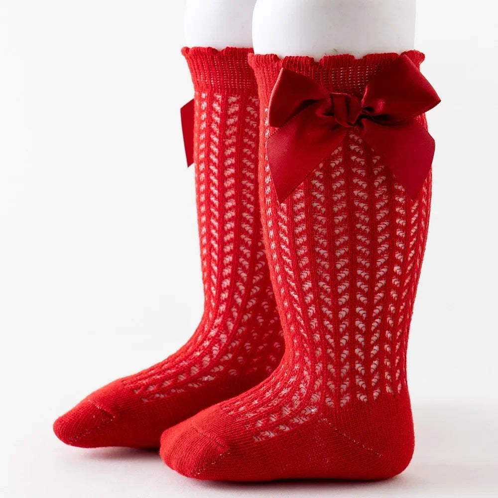 Cute Baby Girls Socks  Big Bows Soft Cotton Elastic White Red Newborn Stockings Knee High Long for Toddler Socks