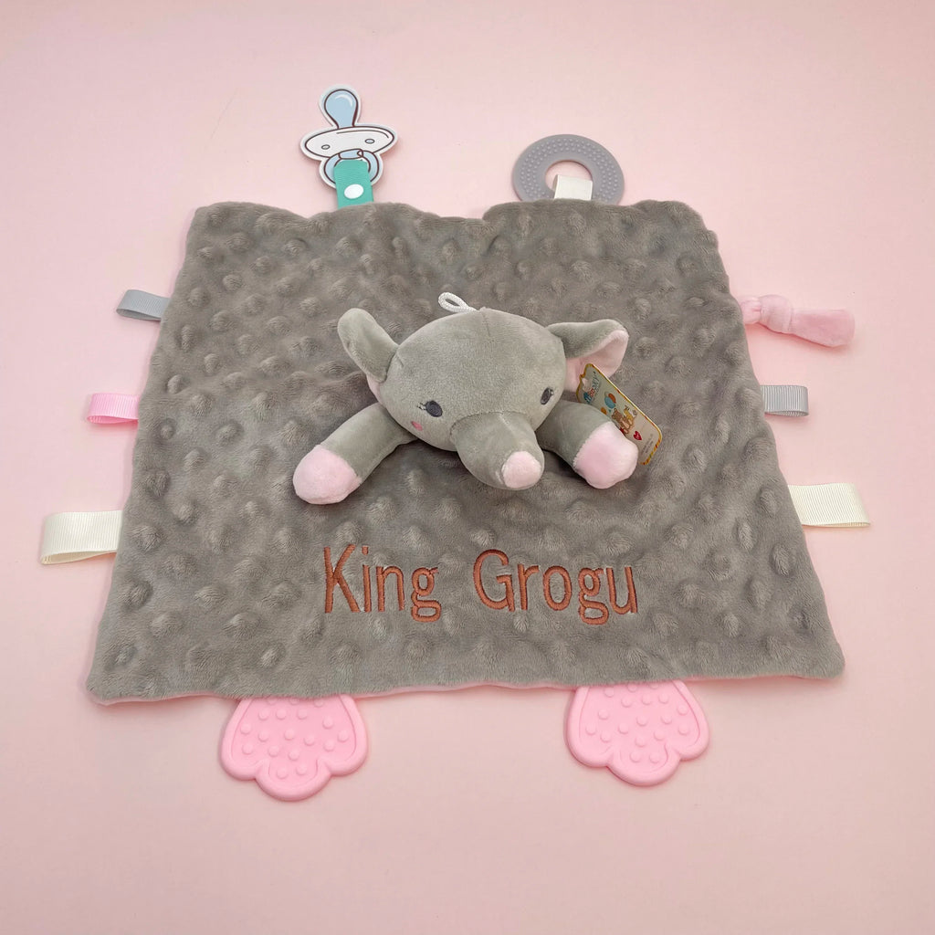 Personalized Newborn Baby Comforter Custom Minky Security Blanket with Teether Bunny Elephant Baby Shower Gift