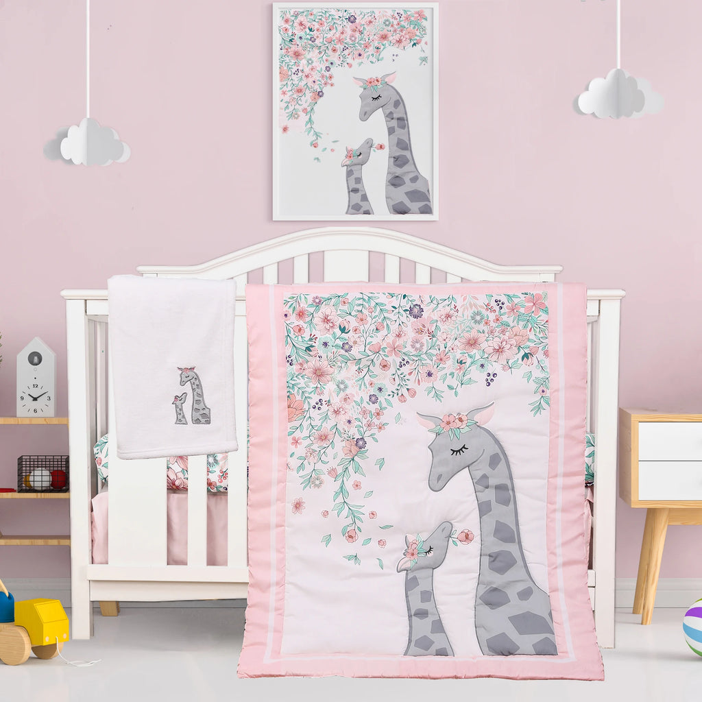 4Pcs Flower Giraffe luxury Baby Girl Cot Bedding Crib Set Cunas para Bebes (Comforter Fitted Sheet Crib Skirt Blanket)