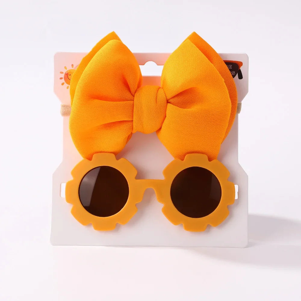 2Pcs Kids Sunglasses Headband Set Daisy Flower Round Toddler Bohemia Beach Seaside Sun Protection Eyewear Kids Hair Accessories