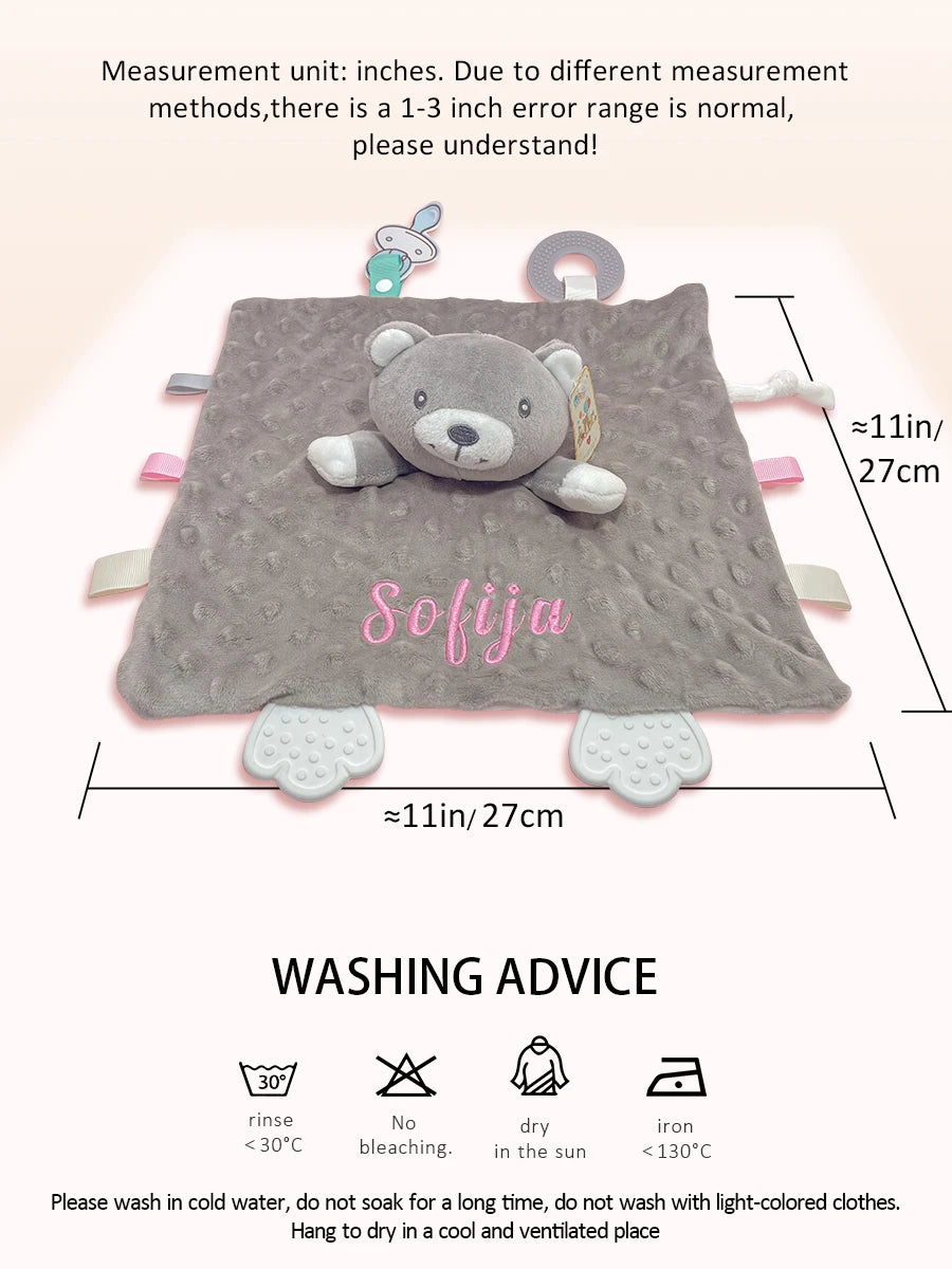 Personalized Newborn Baby Comforter Custom Minky Security Blanket with Teether Bunny Elephant Baby Shower Gift