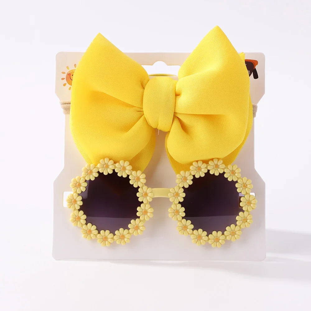 2Pcs Kids Sunglasses Headband Set Daisy Flower Round Toddler Bohemia Beach Seaside Sun Protection Eyewear Kids Hair Accessories
