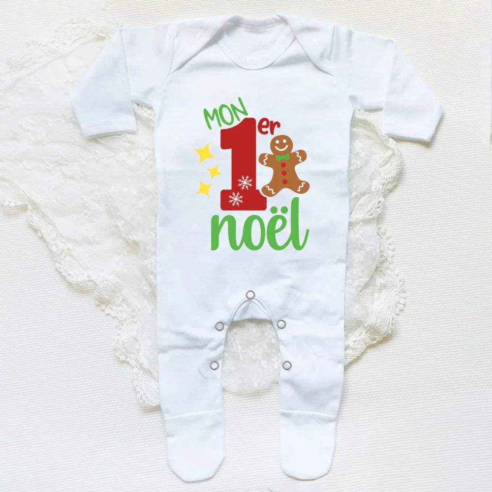 Your Baby's First Christmas Footed Sleepsuit Romper With French Letter Print Unisex Newborn Through Six Months