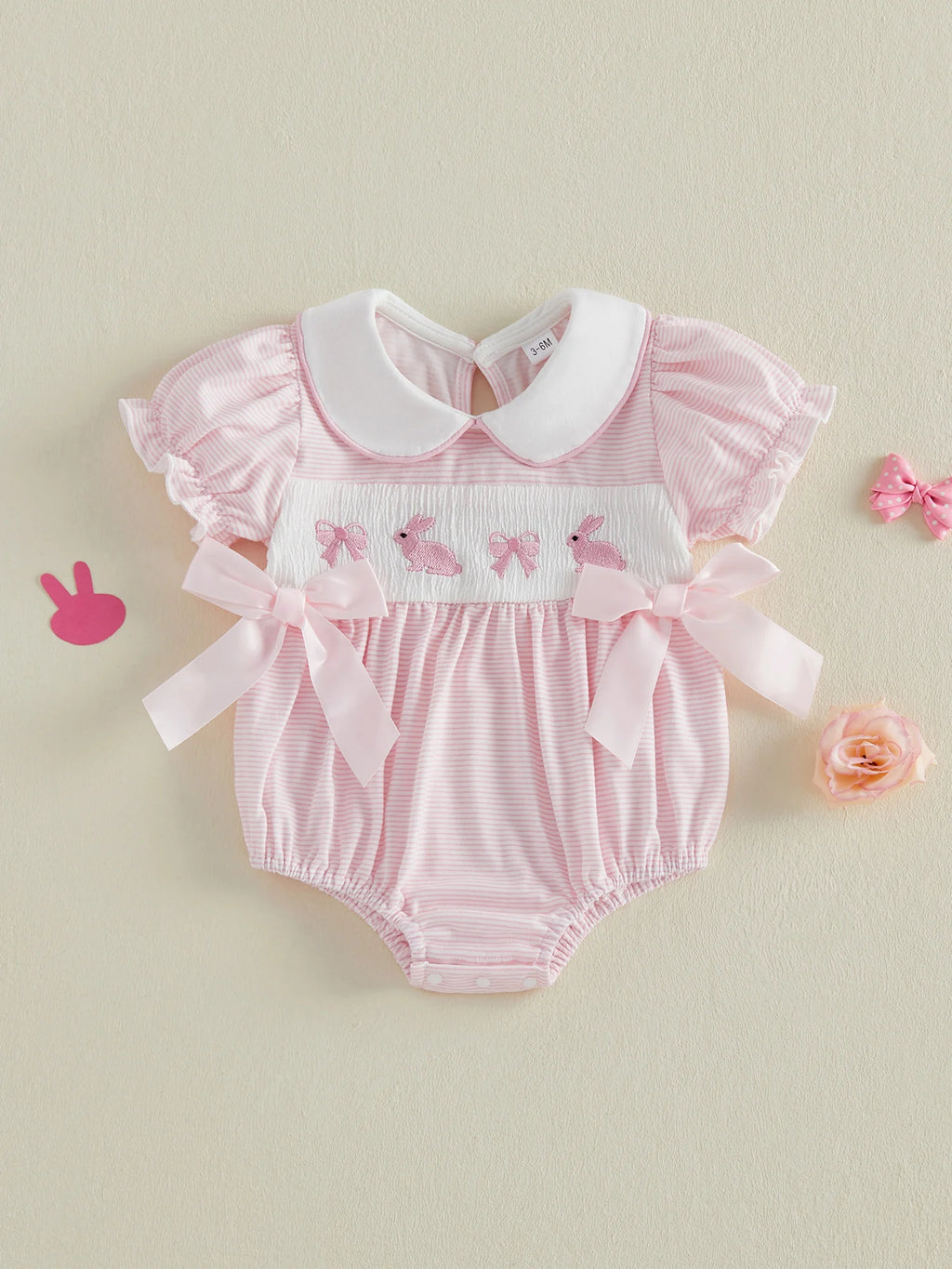 Baby Girl Easter Outfit  Bunny Embroidery Doll Collar Bubble Short Sleeve Jumpsuit Romper Cute Easter Clothes