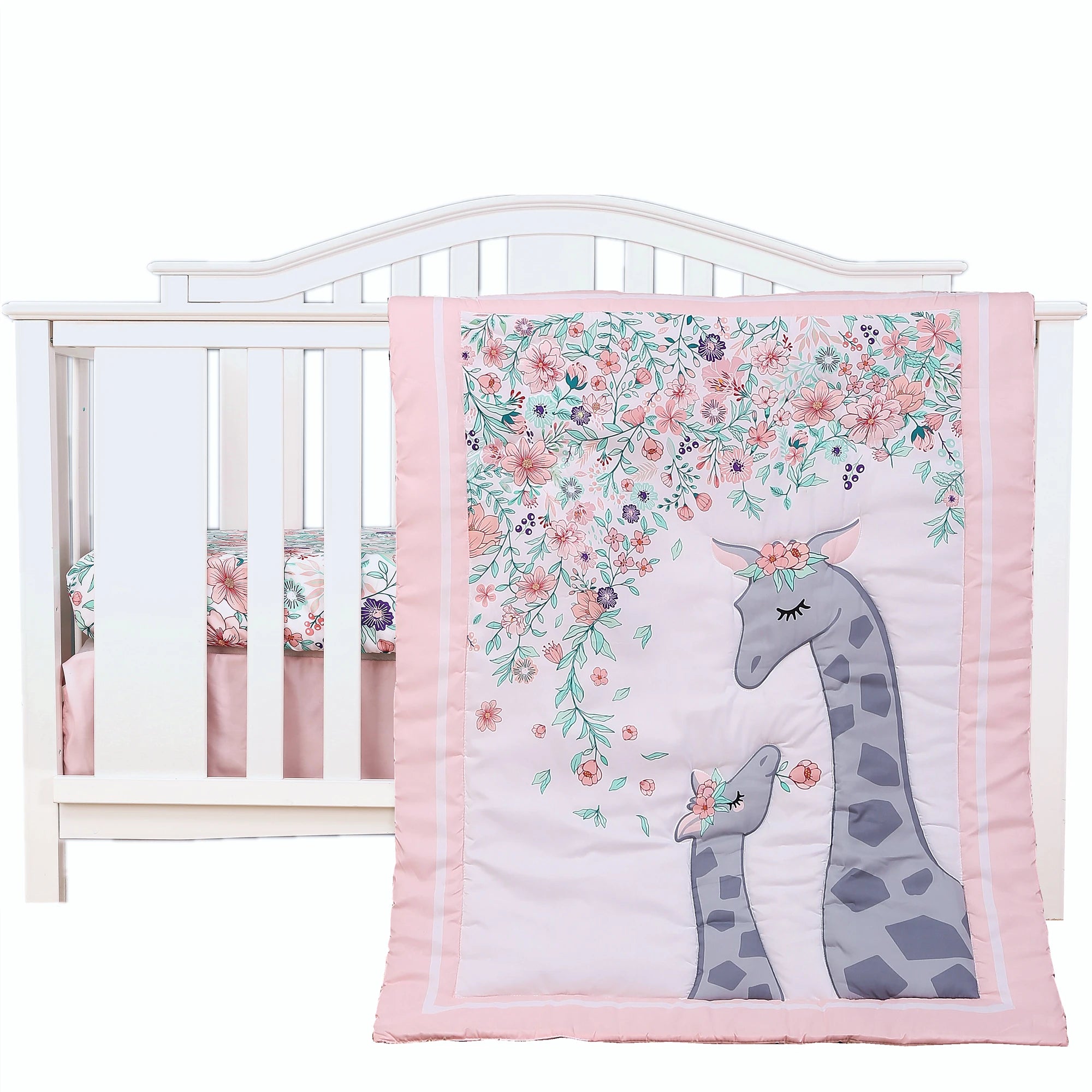 4Pcs Flower Giraffe luxury Baby Girl Cot Bedding Crib Set Cunas para Bebes (Comforter Fitted Sheet Crib Skirt Blanket)