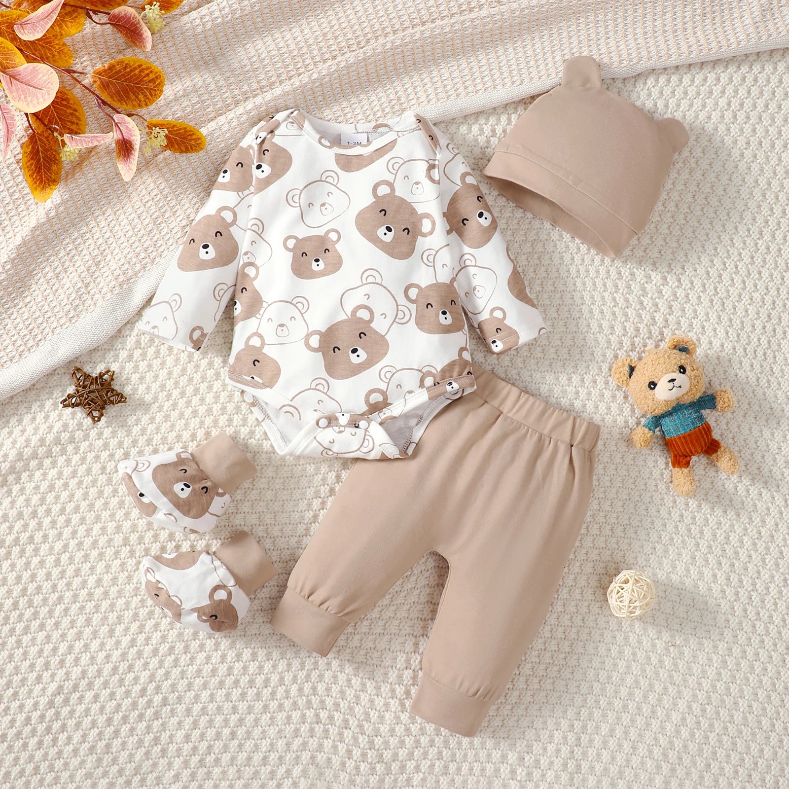 0 To 12 Months Baby Boy Little Bear Print Set Long Sleeve Bodysuit Pants Hat Socks 4 Pieces Cotton Spring Autumn